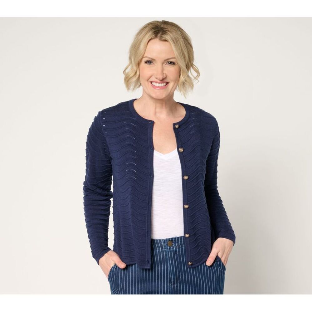 Wacoal Women's Top Sweater Sz M Scallop Pointelle Cardigan Blue A682119